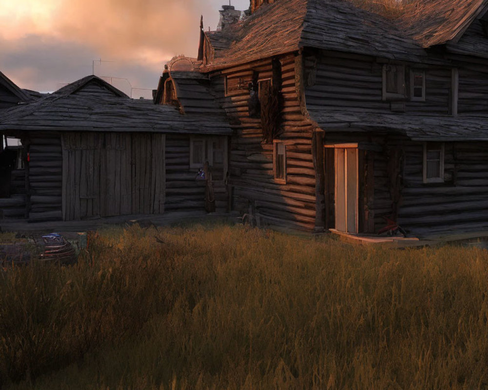 Rustic village: Old wooden houses, sunset light, tall grass textures