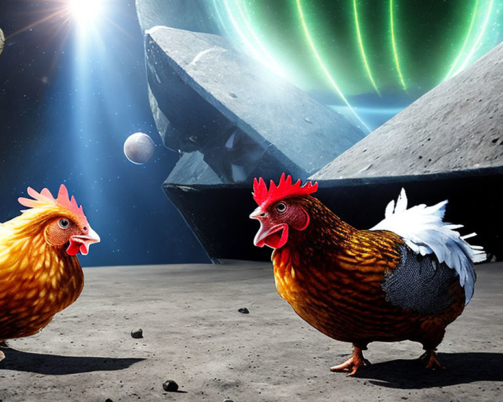 Chickens on lunar surface under vibrant aurora with asteroids and distant planet.