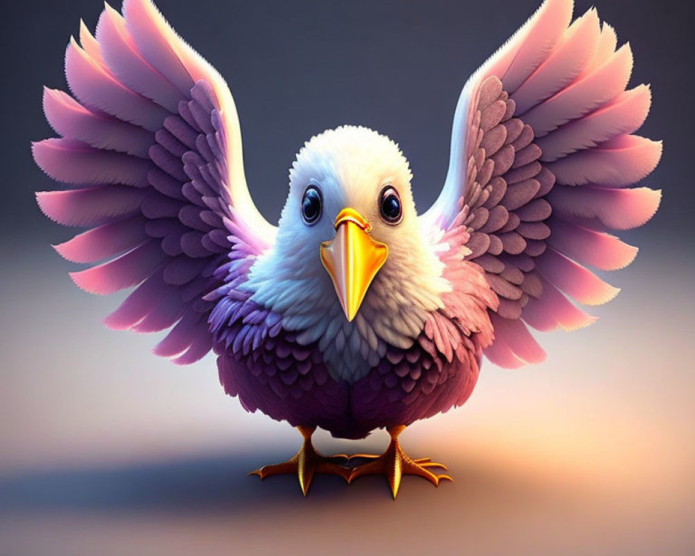 Fluffy bird illustration with pink wings and expressive eyes