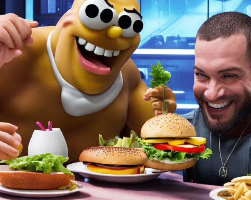 Man Smiling with Animated Character Eating Burgers and Fries