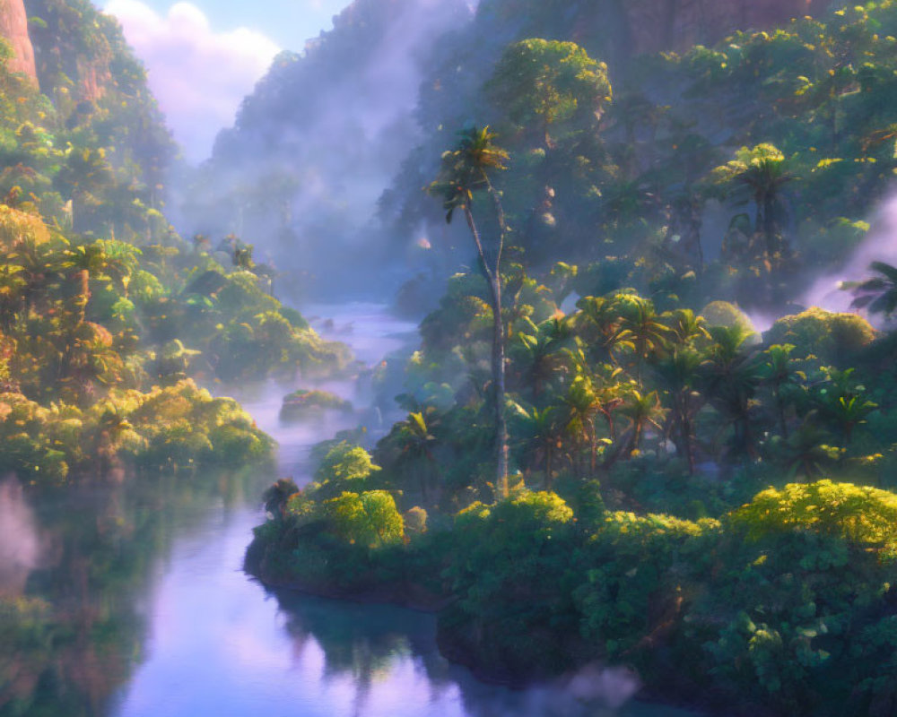 Tropical river in misty jungle with waterfalls & cliffs