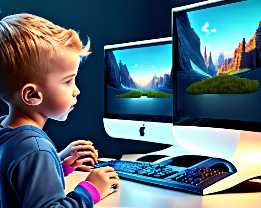 Child mesmerized by dual monitor setup with vibrant landscape on screens