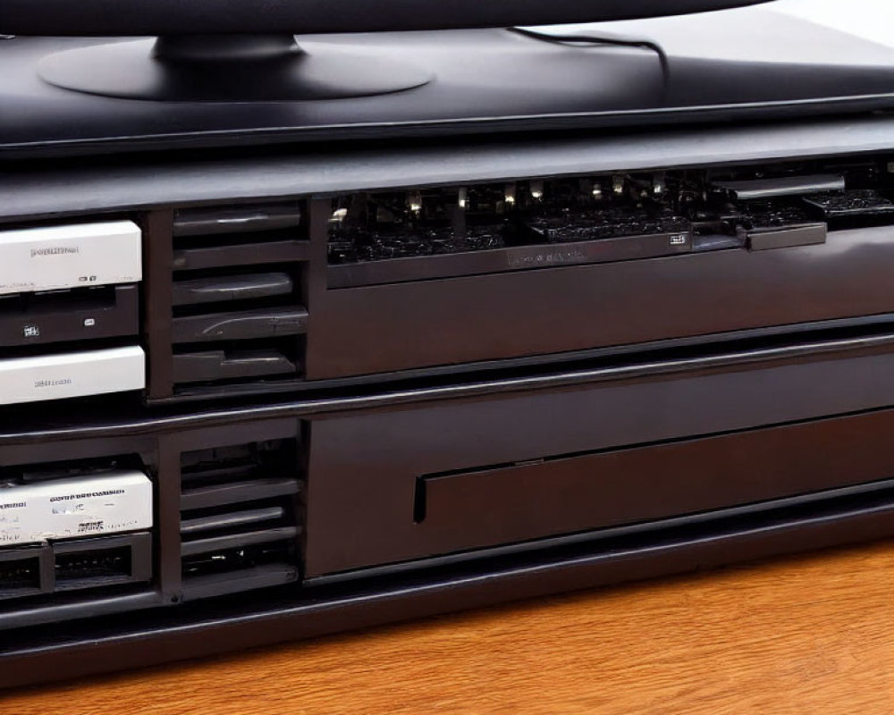 Stack of audio equipment with open CD trays on wooden surface