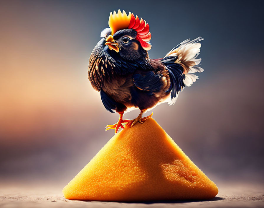 Colorful whimsical bird with rooster crest perched on golden mound