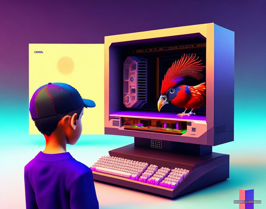 Boy in Cap Observing Colorful Bird on Retro Computer Screen