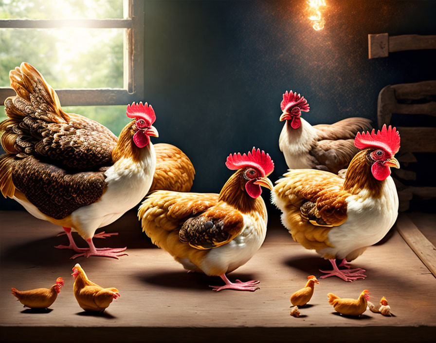 Chickens and Chicks in Rustic Coop with Sunlight Streaming