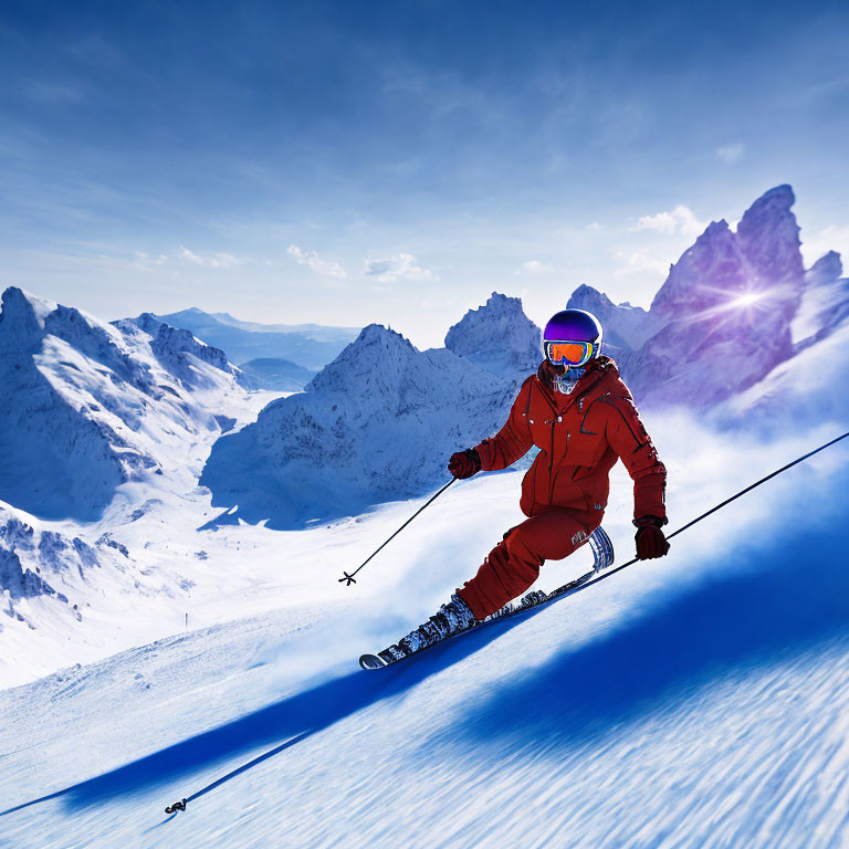 Skier in Red Suit Descending Snowy Mountain Slope