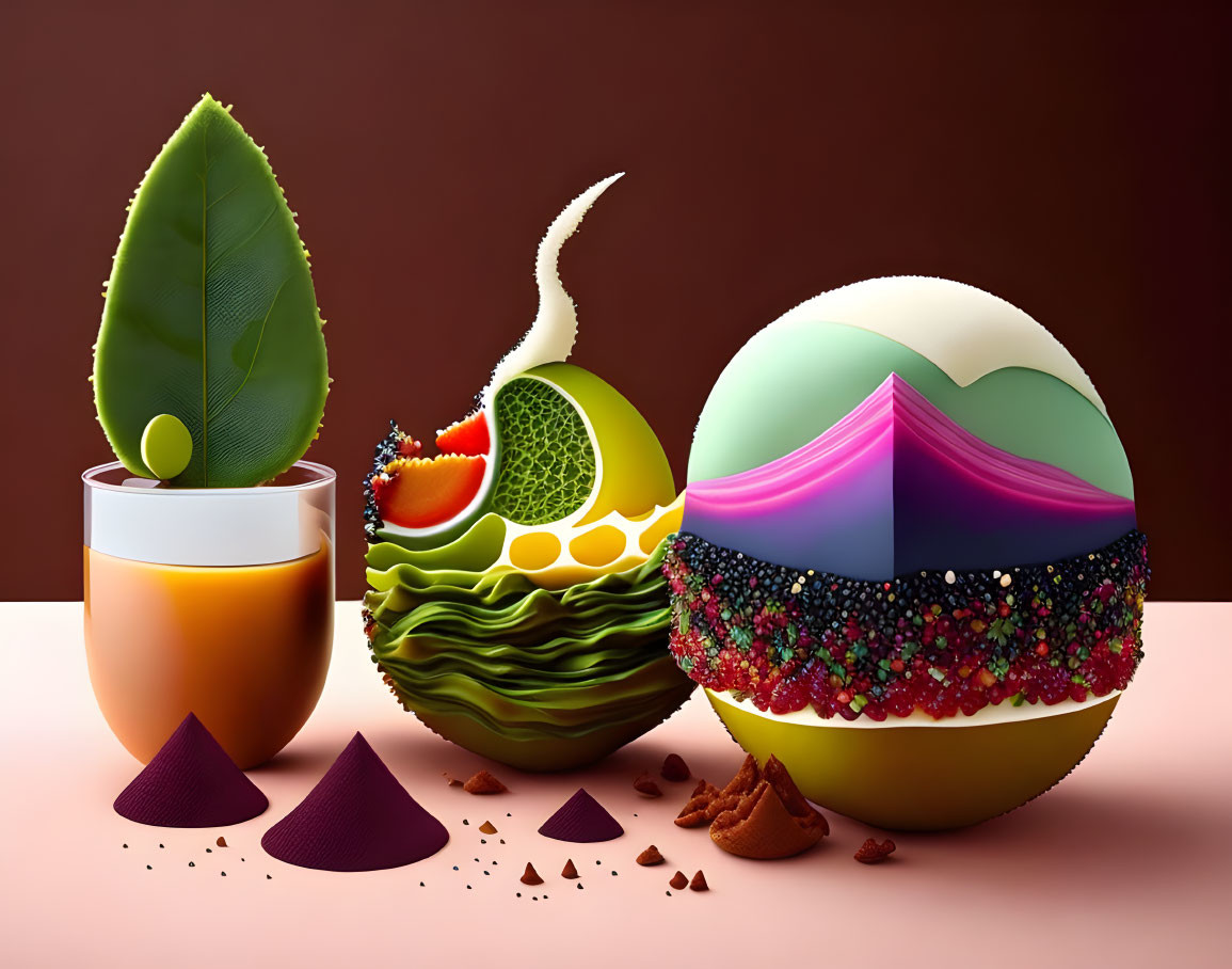 Spherical Objects with Artistic Cutaways Against Brown Background