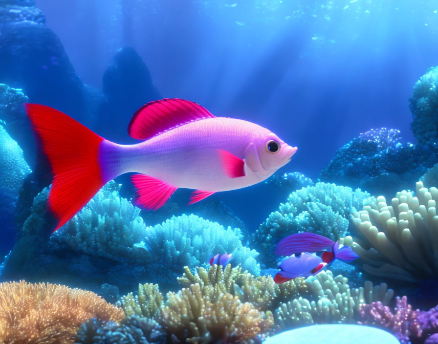 Vibrant underwater scene with pink and red animated fish amid coral and sunbeams