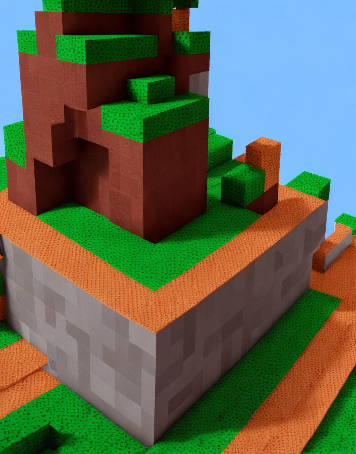 Pixelated Minecraft-Style Hill with Staircase on Sky Blue Background