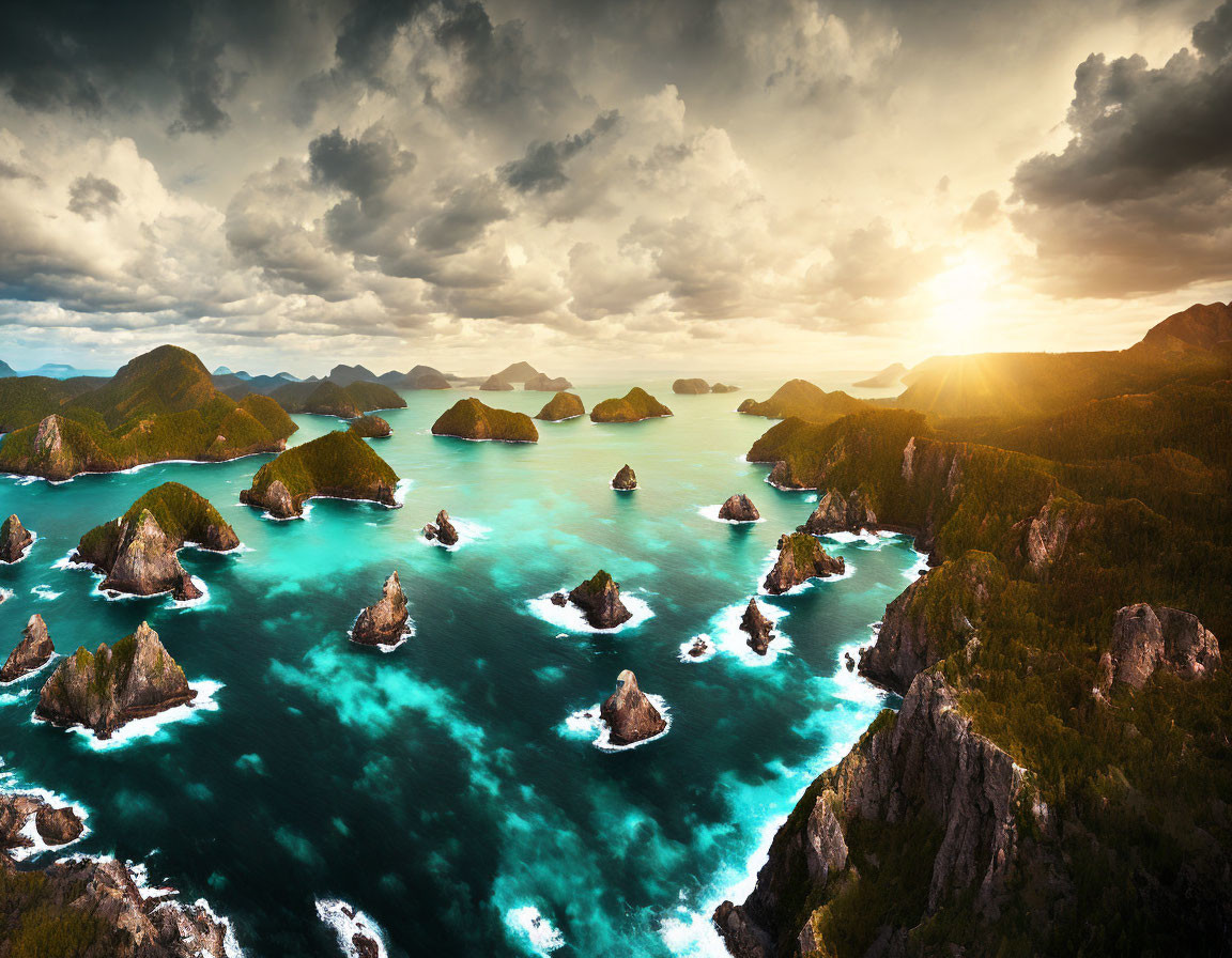 Vibrant sunset aerial view of lush green archipelago in turquoise sea