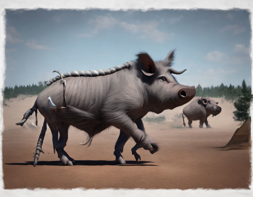 Stylized animated walking warthog with bound tusks and pants, another warthog in