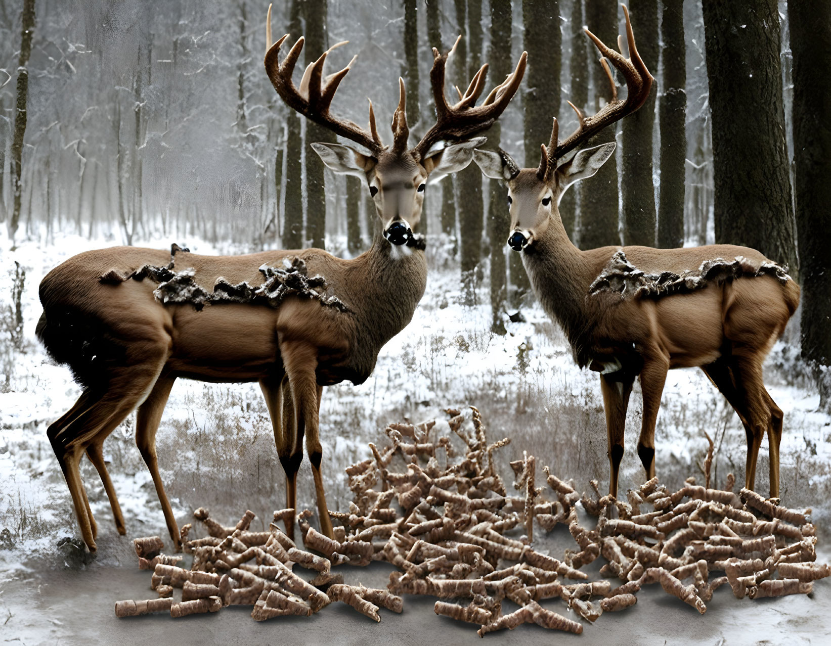 Two deer with large antlers in snowy forest, one facing us, the other looking away with wood