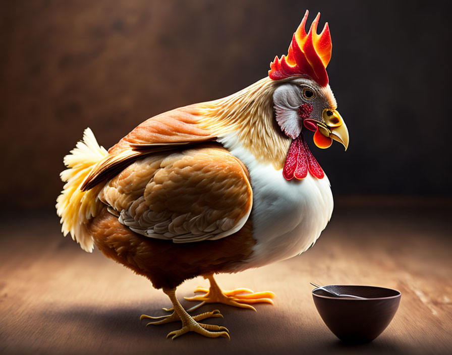 Hybrid Chicken-Human Face Beside Bowl on Wood Surface