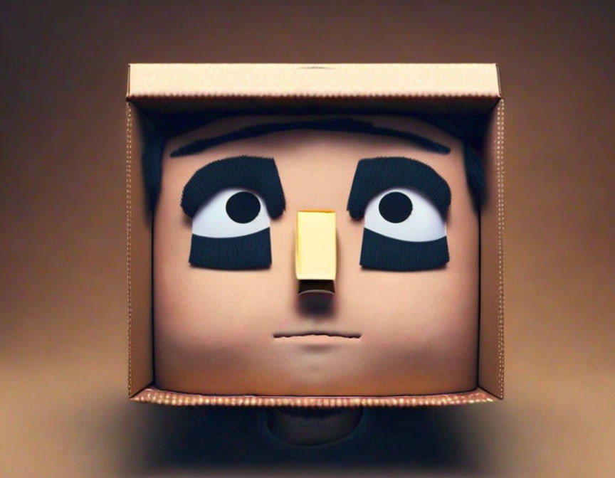 Cardboard box face with cut-out eyes and nose conveying surprise or intrigue