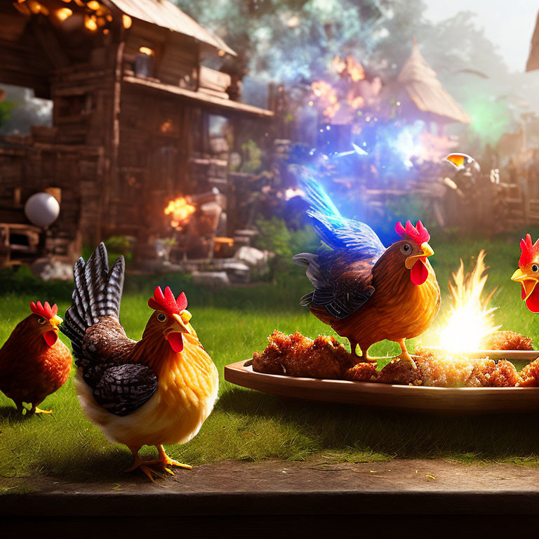 Shocked animated chickens and fried chicken in magical village