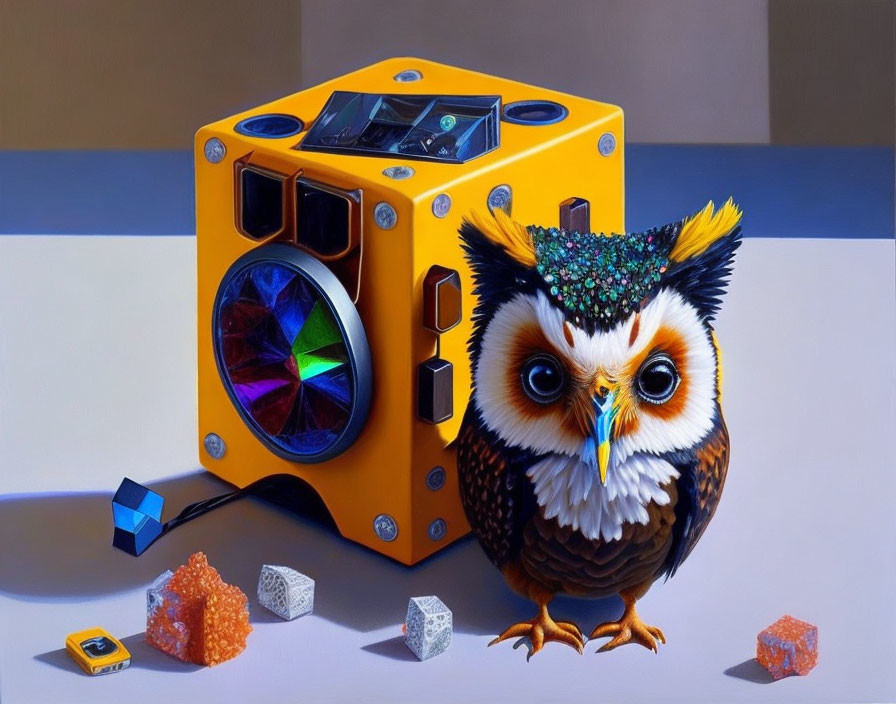 Vibrant surreal artwork: Owl with crown beside geometric cube and CD player