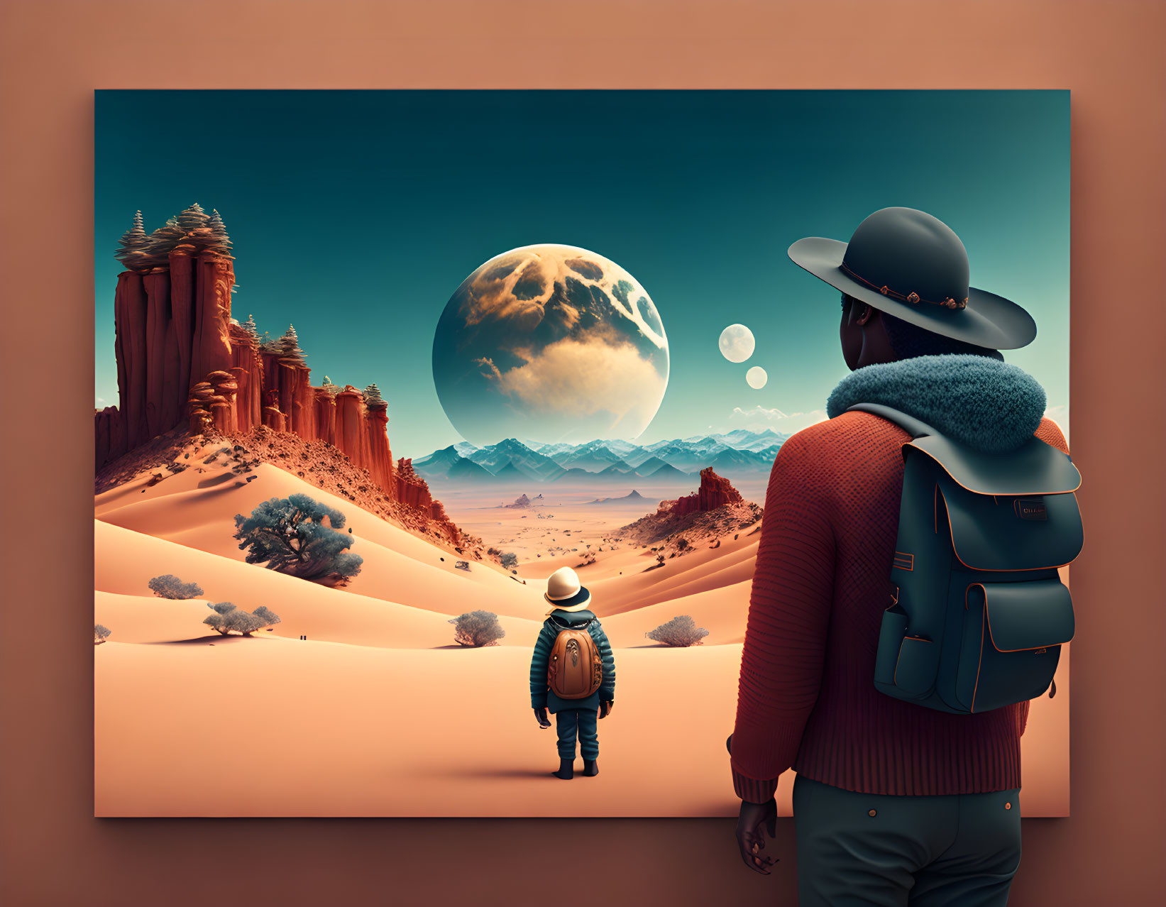 Backpacker observing surreal desert landscape with oversized moon