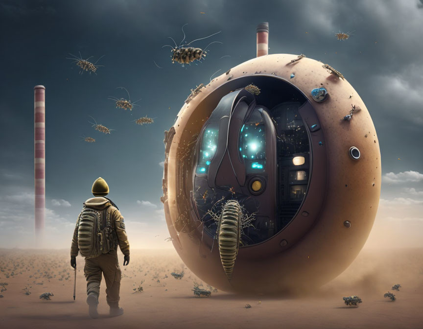 Person in hat nears spherical structure in desert with giant insects and factories.