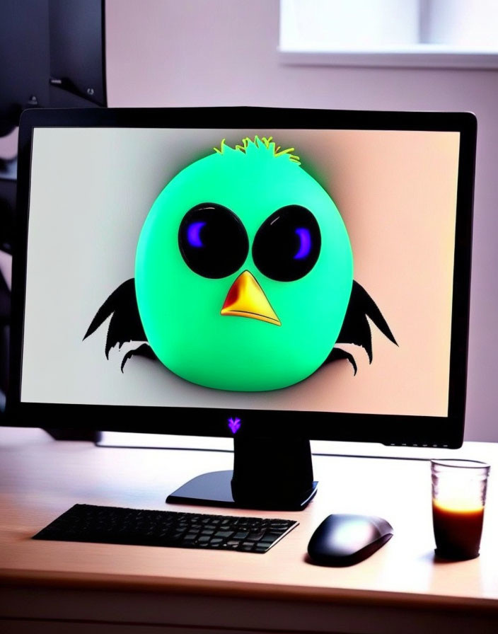 Cartoon green bird with yellow hair on computer monitor in office setting