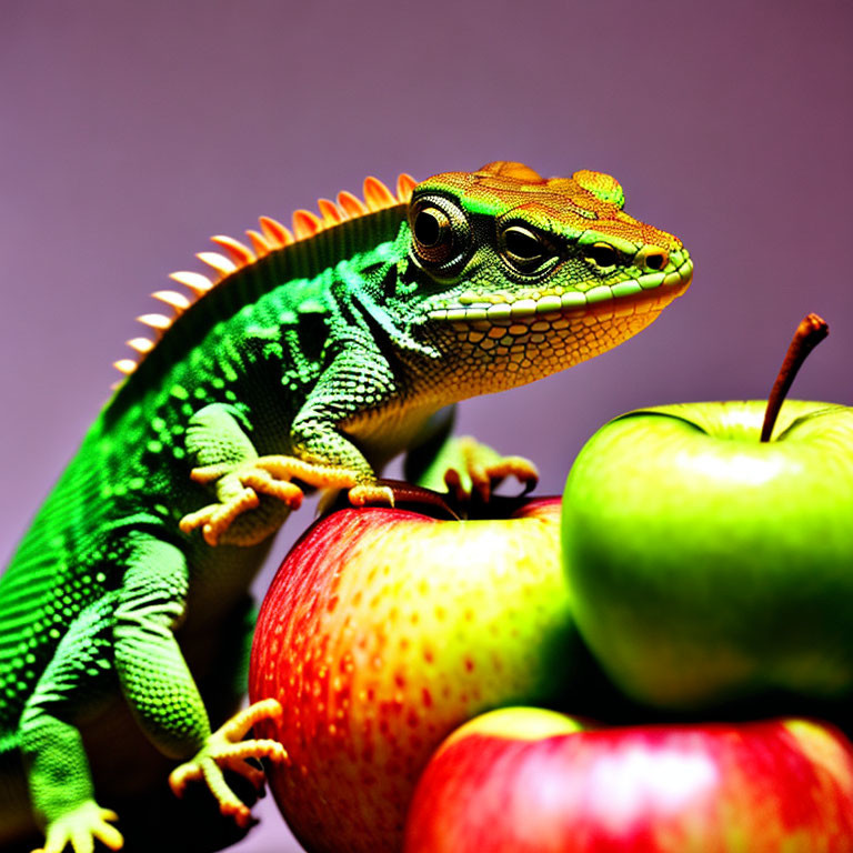 Colorful green gecko on apples against purple backdrop