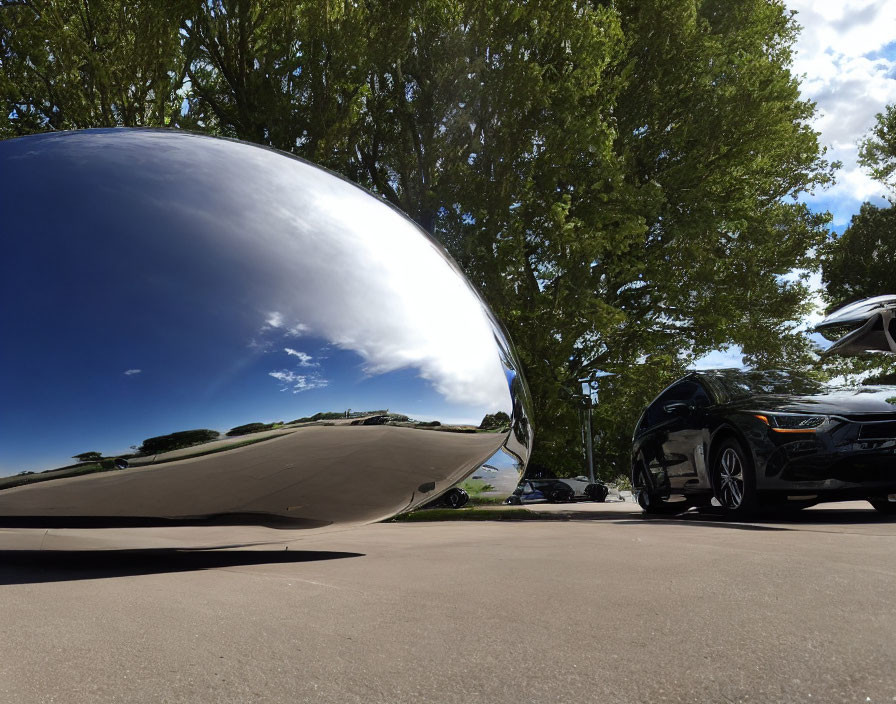 Reflective spherical sculpture distorts surroundings on pavement under blue sky