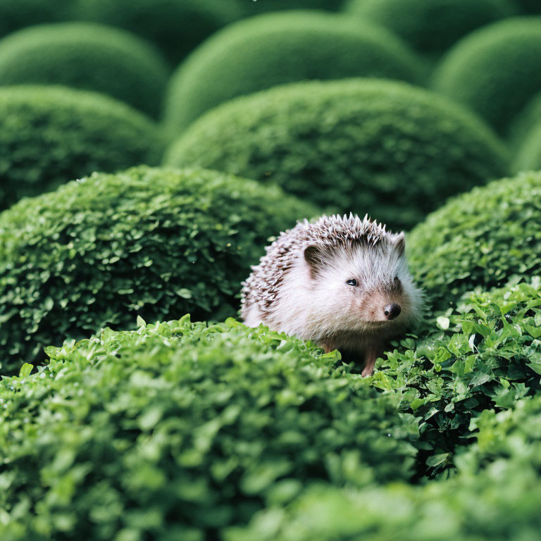 Adorable hedgehog in lush, spiky green shrubbery