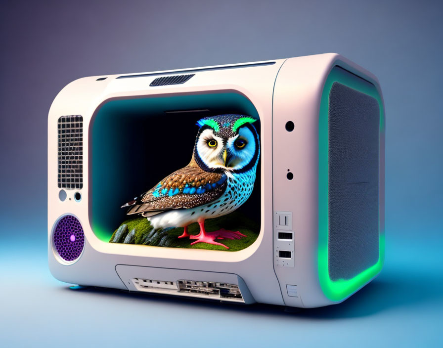 Colorful Owl Illustration in Futuristic Computer Structure