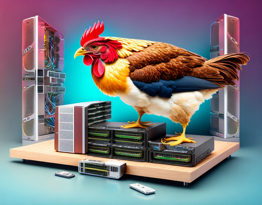 Vibrant rooster on wooden table with computer servers, blue-pink gradient background