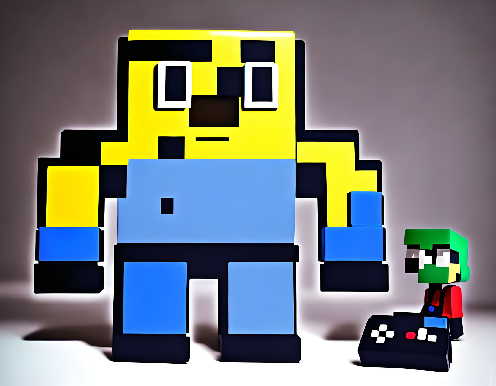 Large Yellow and Small Green Pixelated Characters with Controller