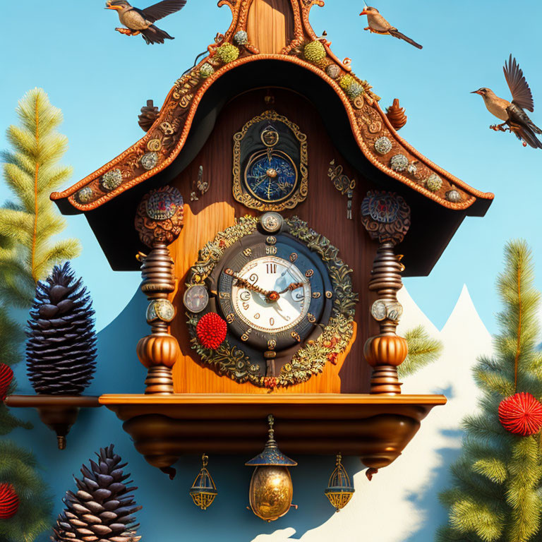 Traditional Cuckoo Clock with Ornate Carvings and Nature Motifs