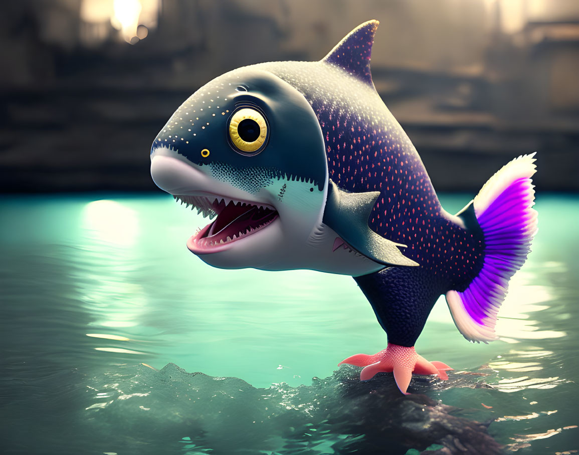 Cartoonish fish with legs on rock, vibrant fins & sharp teeth