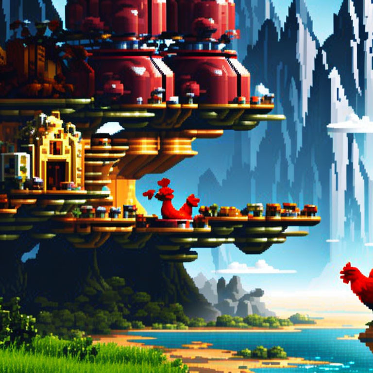 Futuristic pixel art landscape with floating islands, character in red, lush forests, and waterfall.