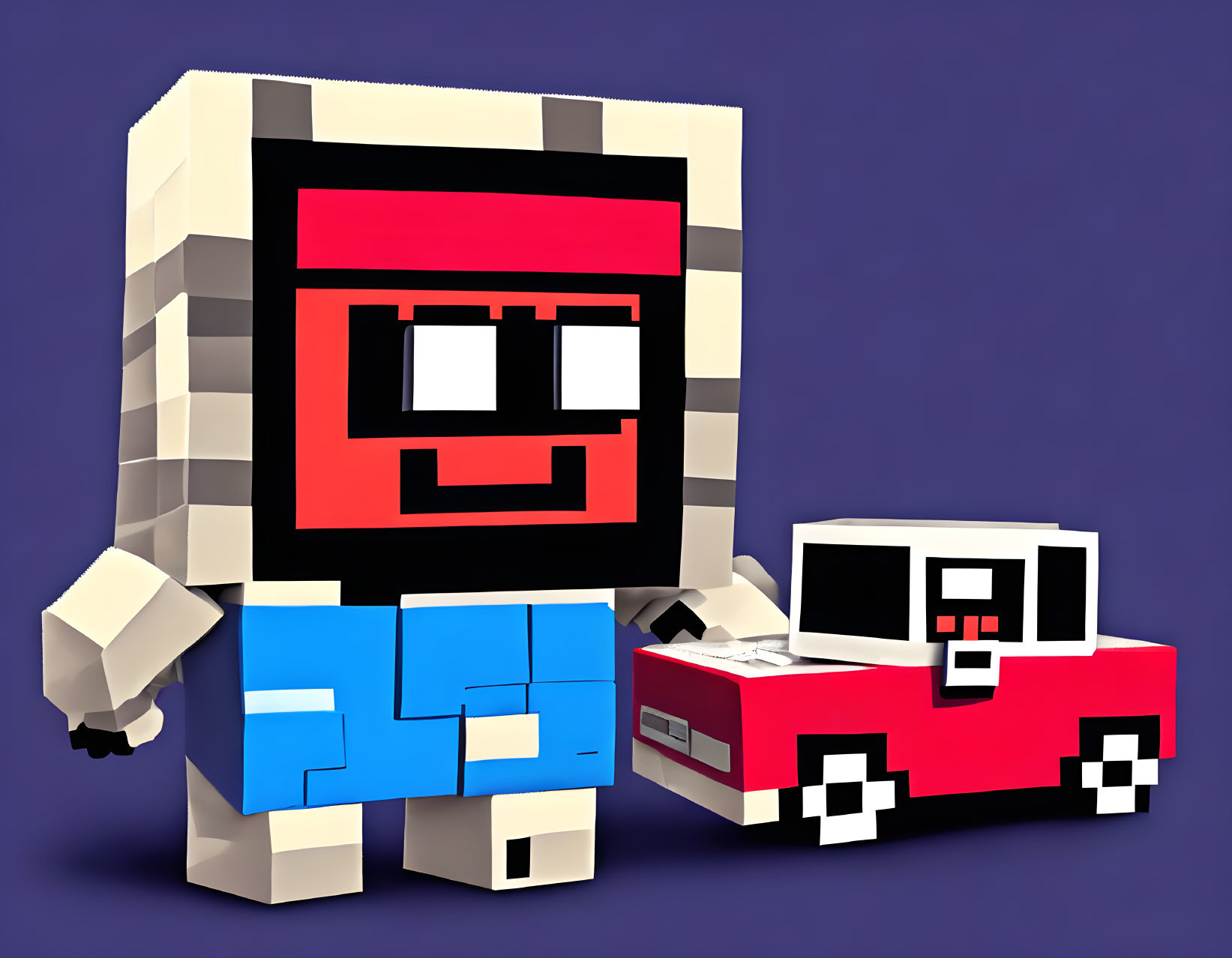 Pixel-art style figure and toy car on purple background