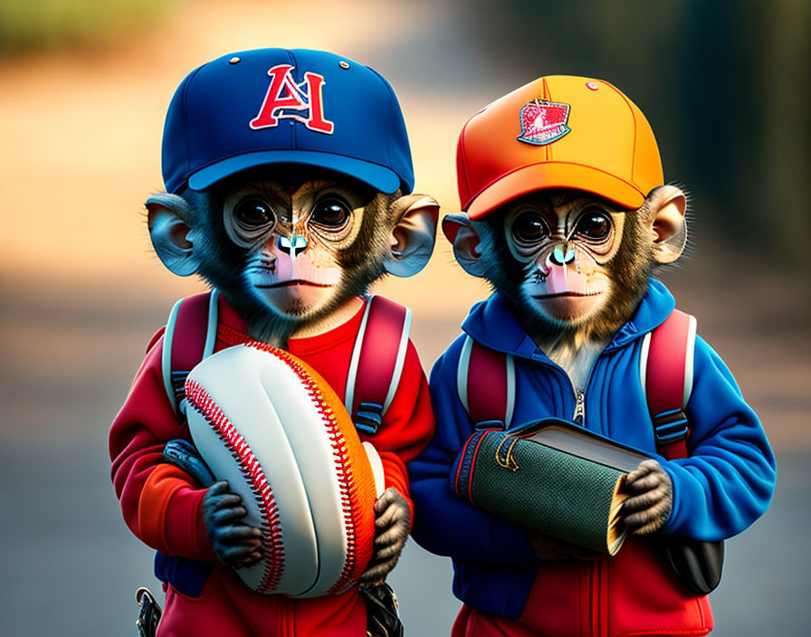 Anthropomorphic monkeys in sporty attire with baseball and glove