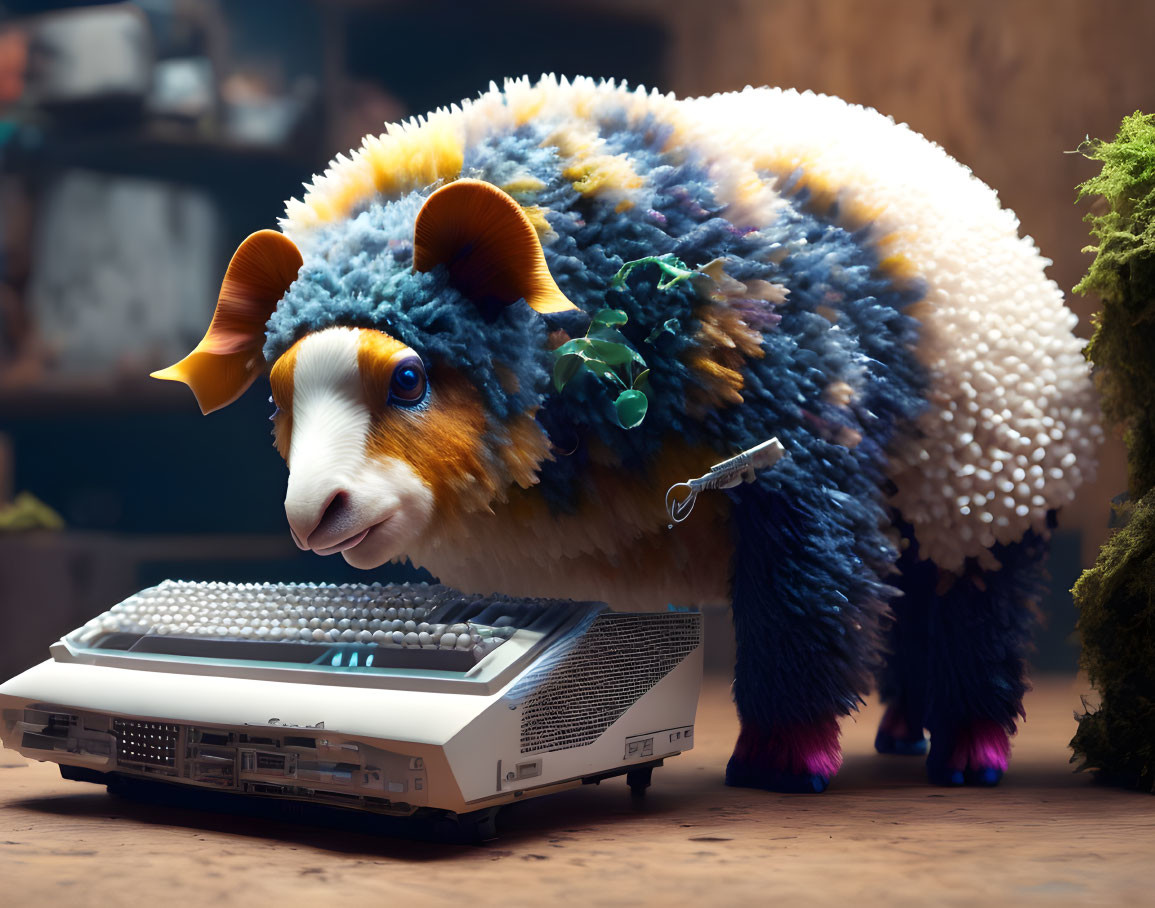 Fluffy Sheep-like Creature on Vintage Computer with Electronic Elements