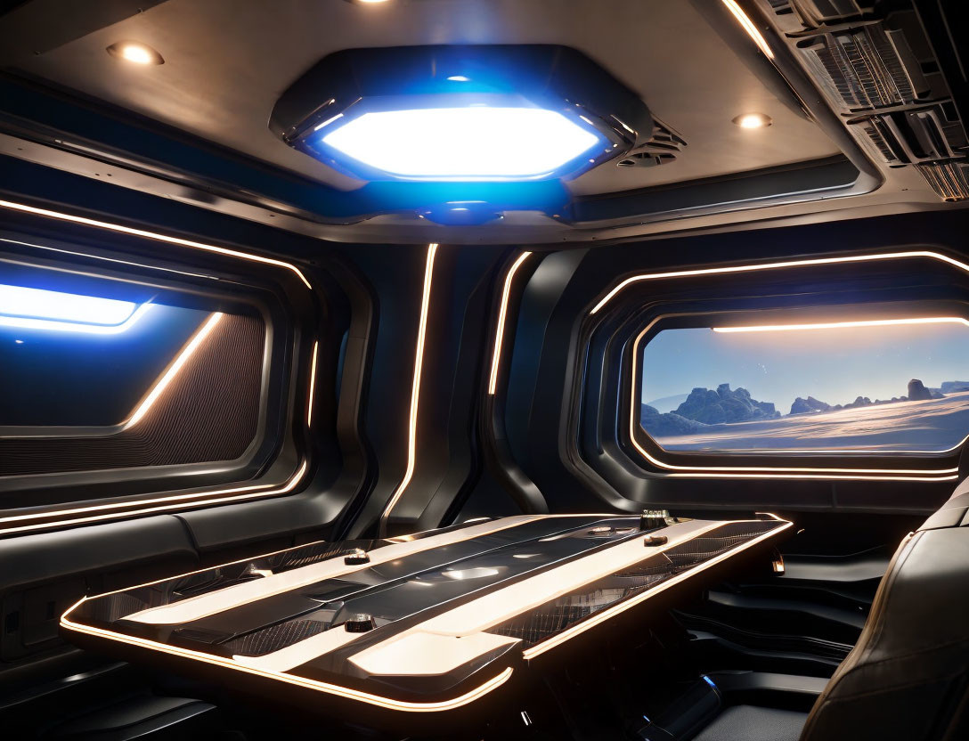 Sleek futuristic vehicle interior with neon accents and alien landscape view