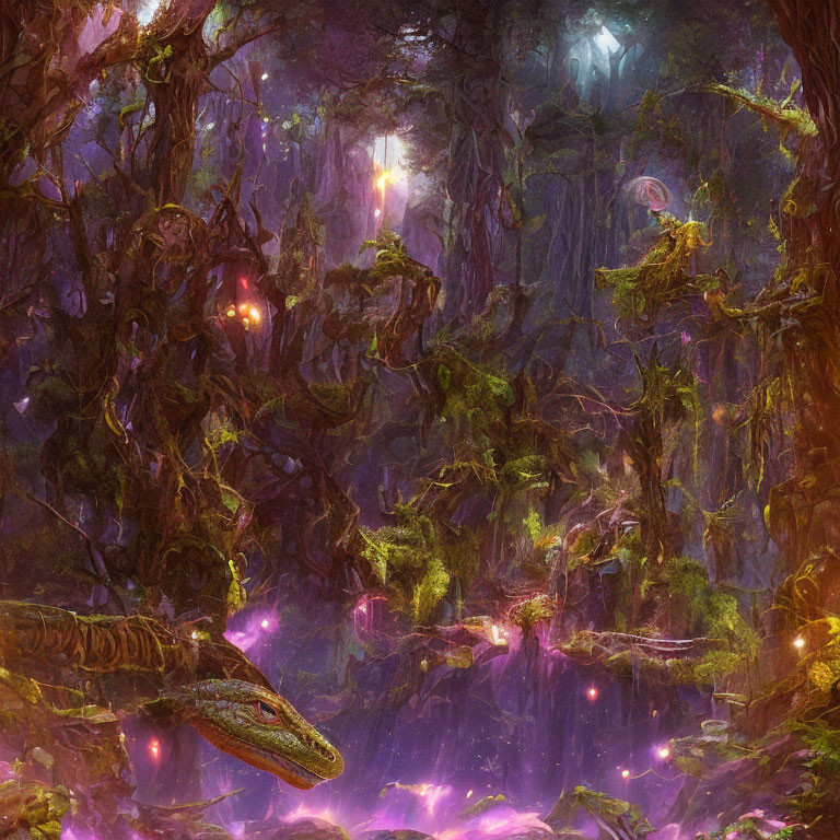 Mystical forest with twisted trees, glowing orbs, fog, lizard-like creature & purple flora