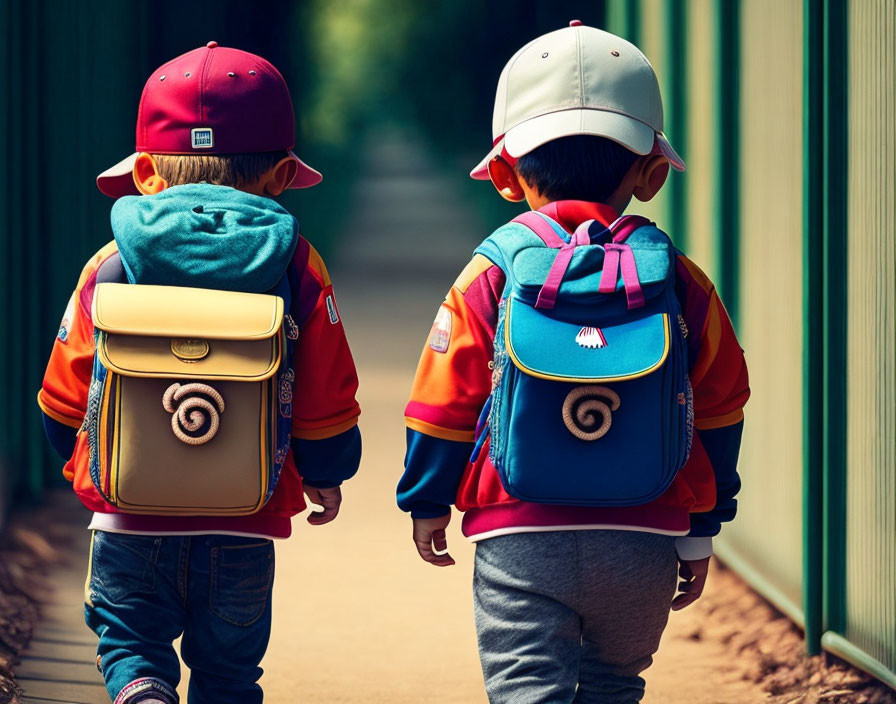 Young children with colorful backpacks and baseball caps walking on a path