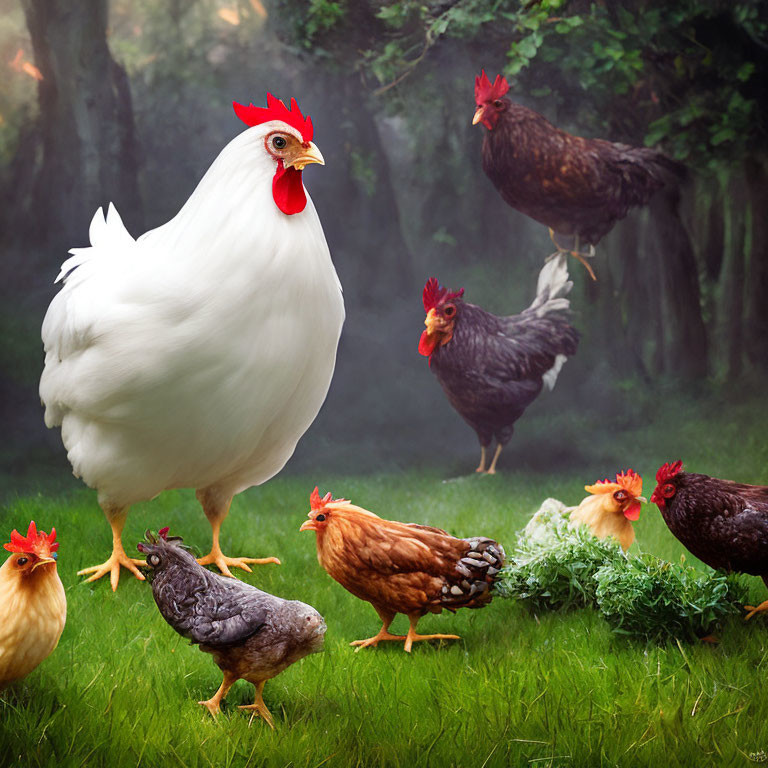 Diverse Chickens in Misty Forest Clearing