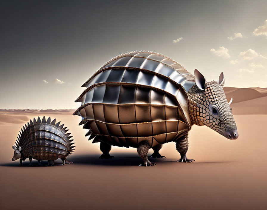 Stylized metallic armadillos in serene desert setting