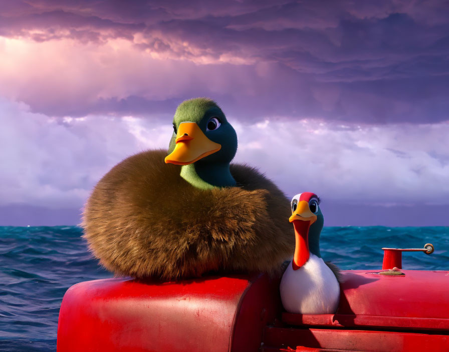 Fluffy duck and pelican on red boat in stormy sea