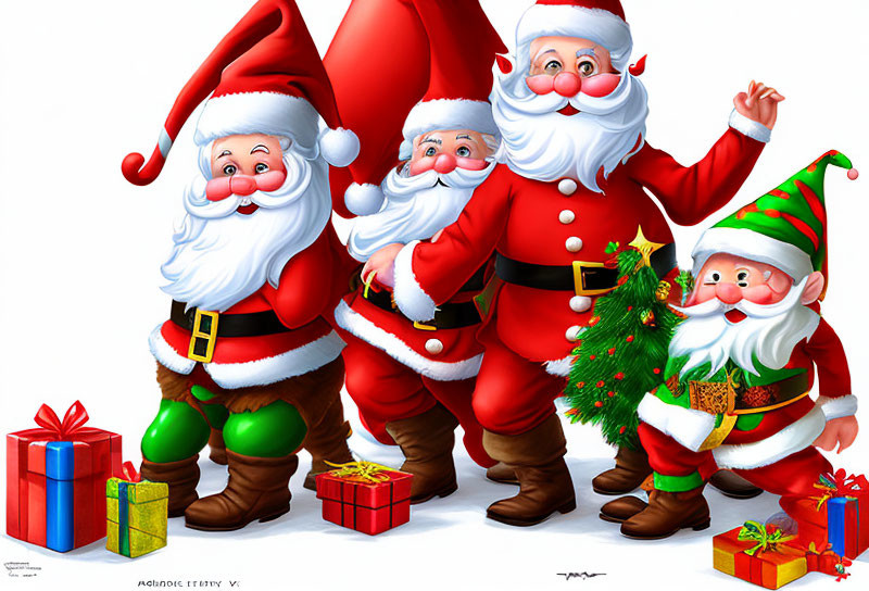 Cheerful Santa Claus Figures with Presents and Christmas Tree on White Background