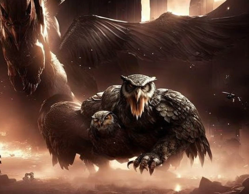 Majestic owl and menacing dragon in fantastical scene