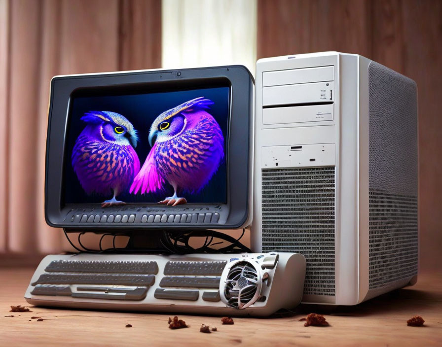 Vintage Desktop Computer with CRT Monitor and Purple Owls Image Displayed