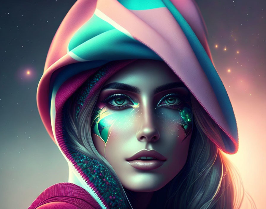 Digital artwork of a woman with starry eyes and teal face markings in colorful hood against cosmic backdrop