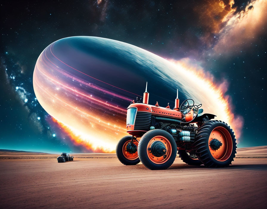 Vintage tractor on desert terrain with surreal planet in background