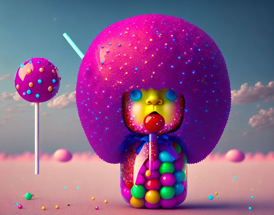 Colorful Character with Purple Afro and Candy Theme