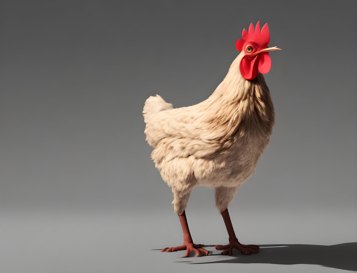 Red-combed chicken posing on grey background