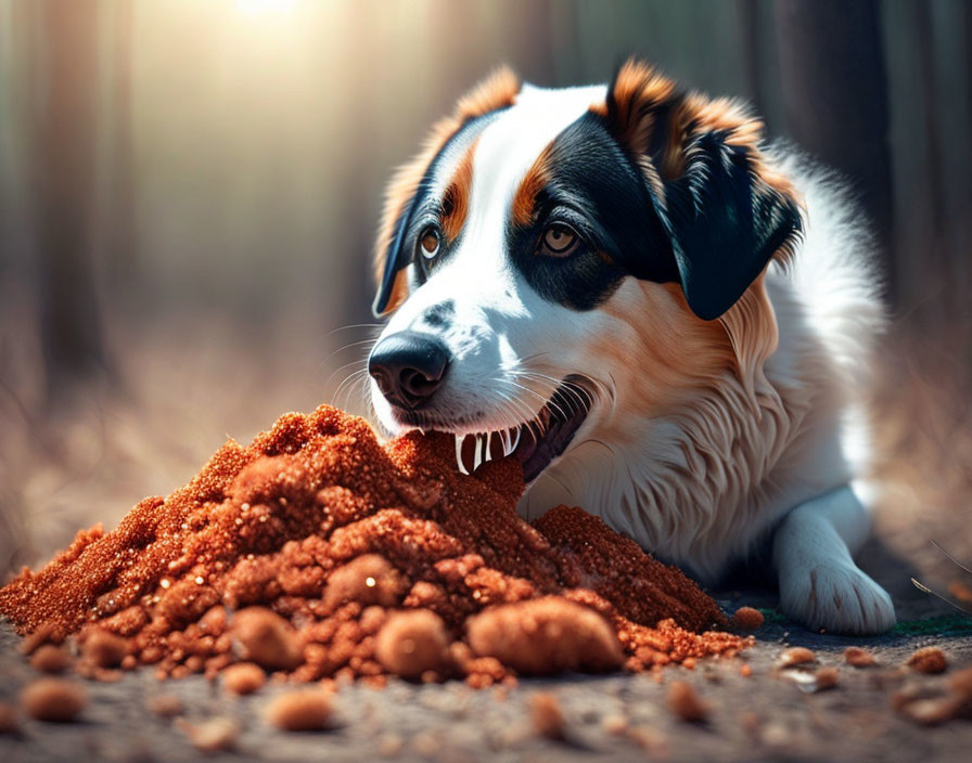 Tricolor dog lying near pile of soil in warm light